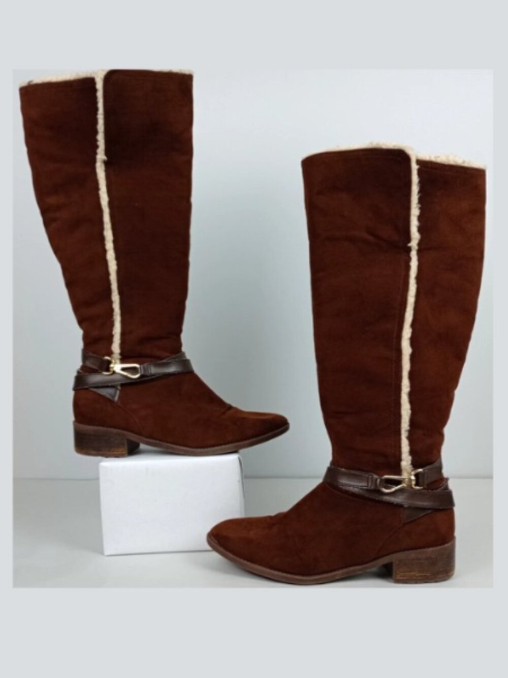 Tommy Hilfiger Womens 7M Brown Knee High Zip Leather Belt Sherpa Fur Suede Boots